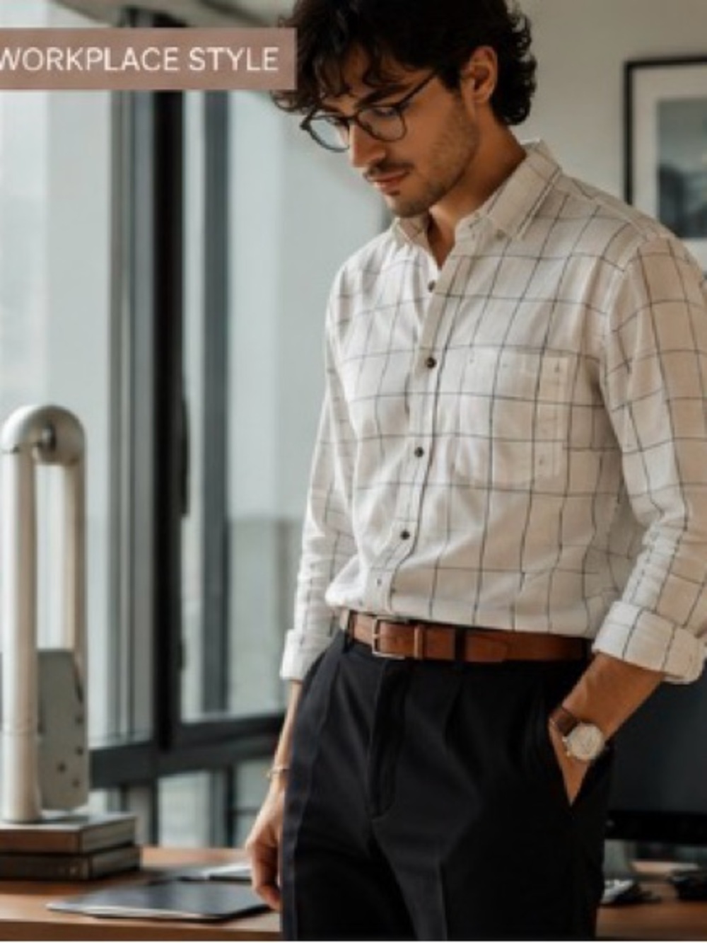 Source Unknown White Button-Down with Navy Windowpane